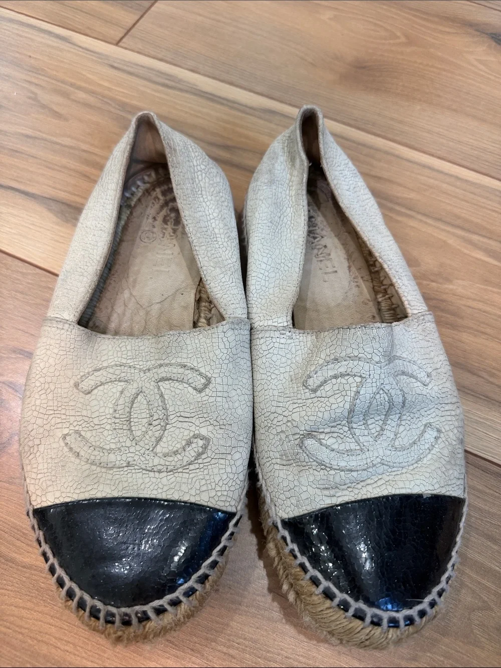 CHANEL Cream Espadrilles with Black Patent Toe Caps